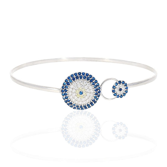 925 Sterling Silver CZ Round Blue Evil Eye Bangle Bracelet 7"