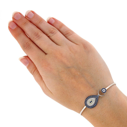 925 Sterling Silver CZ Teardrop Blue Evil Eye Bangle Bracelet 7"