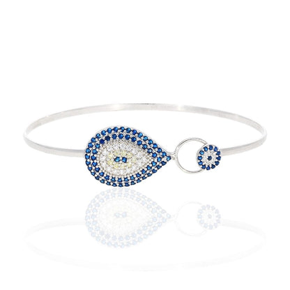 925 Sterling Silver CZ Teardrop Blue Evil Eye Bangle Bracelet 7"