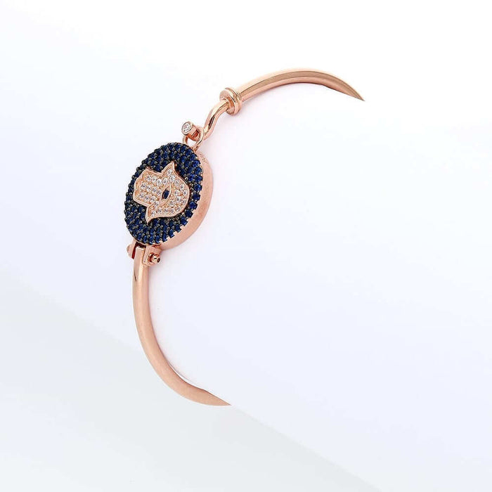 Sterling Silver CZ Blue Evil Eye Hamsa Hand Bangle Bracelet 6.75"