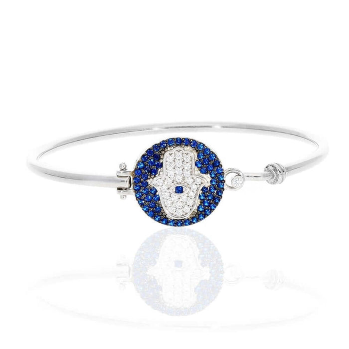 Sterling Silver CZ Blue Evil Eye Hamsa Hand Bangle Bracelet 6.75"
