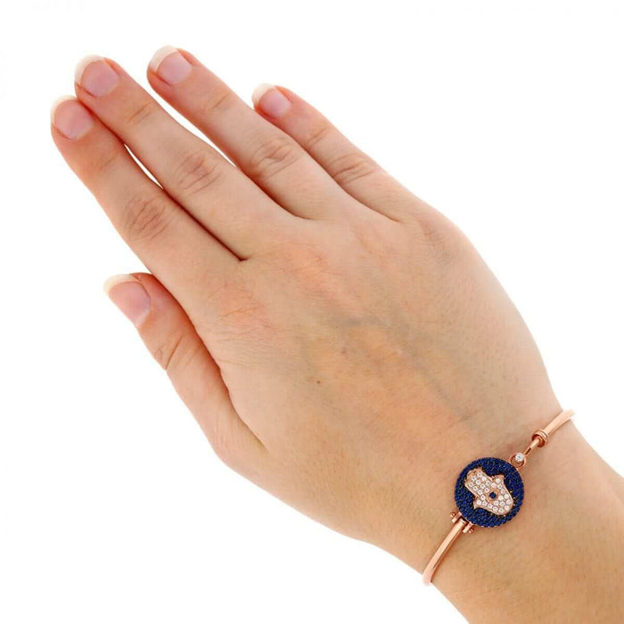 Sterling Silver CZ Blue Evil Eye Hamsa Hand Bangle Bracelet 6.75"
