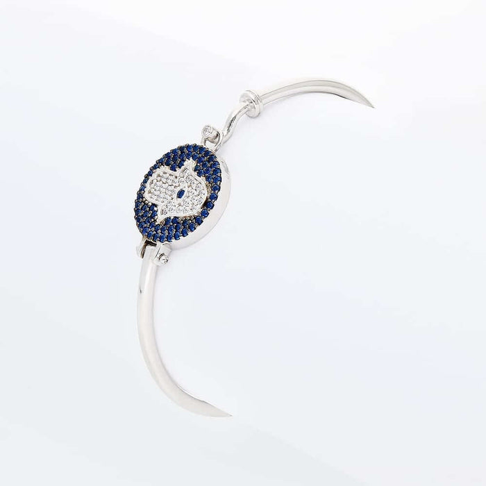 Sterling Silver CZ Blue Evil Eye Hamsa Hand Bangle Bracelet 6.75"
