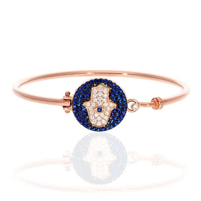 Sterling Silver CZ Blue Evil Eye Hamsa Hand Bangle Bracelet 6.75"