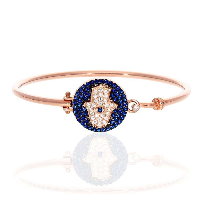 Sterling Silver CZ Blue Evil Eye Hamsa Hand Bangle Bracelet 6.75"