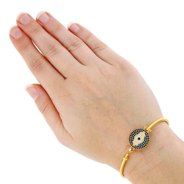 Sterling Silver CZ Blue Evil Eye Bangle Bracelet 7"