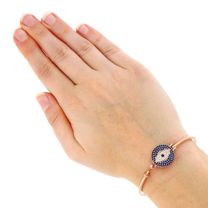 Sterling Silver CZ Blue Evil Eye Bangle Bracelet 7"