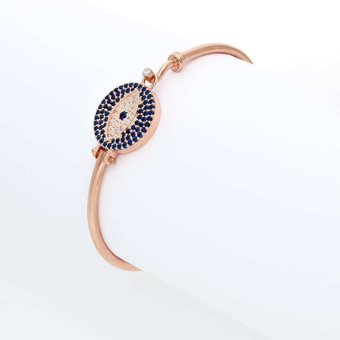 Sterling Silver CZ Blue Evil Eye Bangle Bracelet 7"