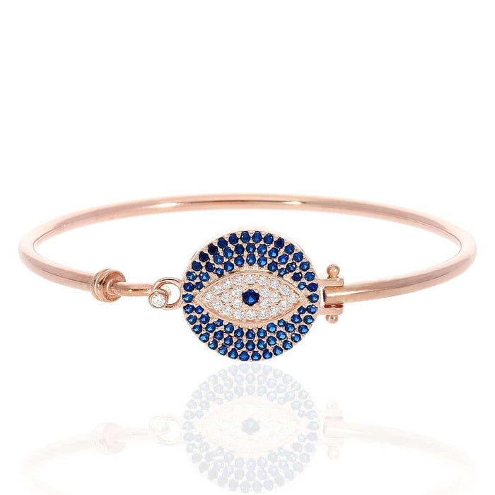 Sterling Silver CZ Blue Evil Eye Bangle Bracelet 7"