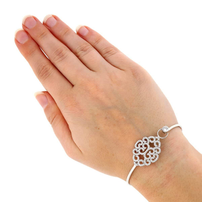 Sterling Silver Bezel 2.50Ct CZ Filigree Bangle Bracelet 7"