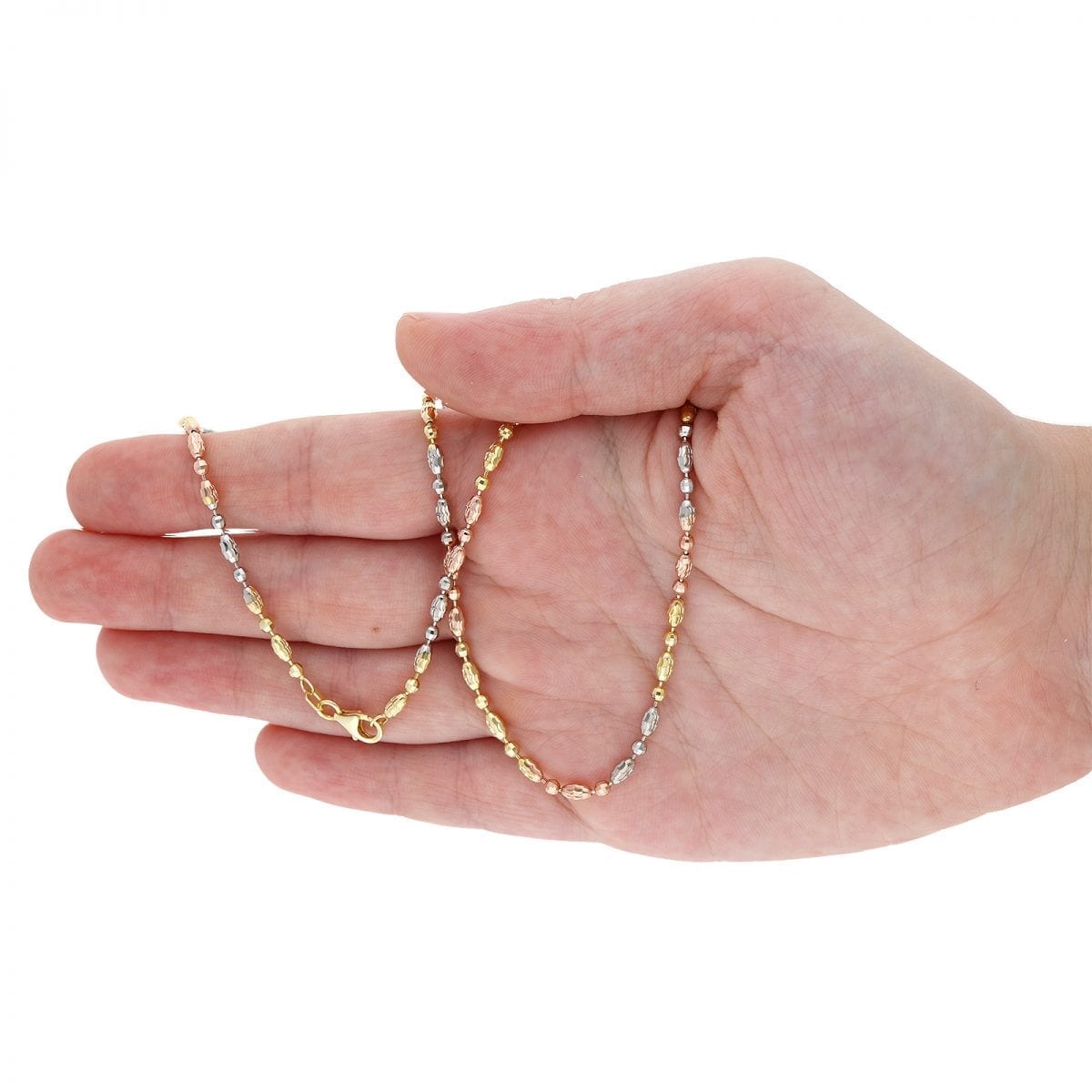 14k Tri-Color Gold Over Silver 2.5mm Oval Ball Beaded Chain Necklace 16" 18" 20"