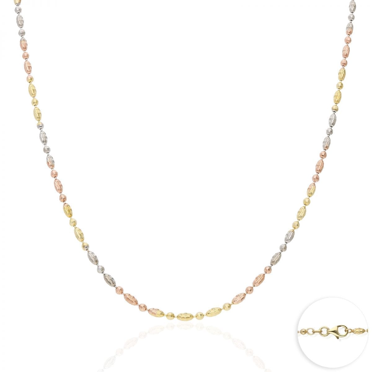 14k Tri-Color Gold Over Silver 2.5mm Oval Ball Beaded Chain Necklace 16" 18" 20"