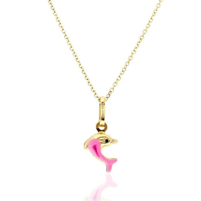 14k Yellow Gold Pink Enamel Dolphin Pendant With Cable Chain 16-18"