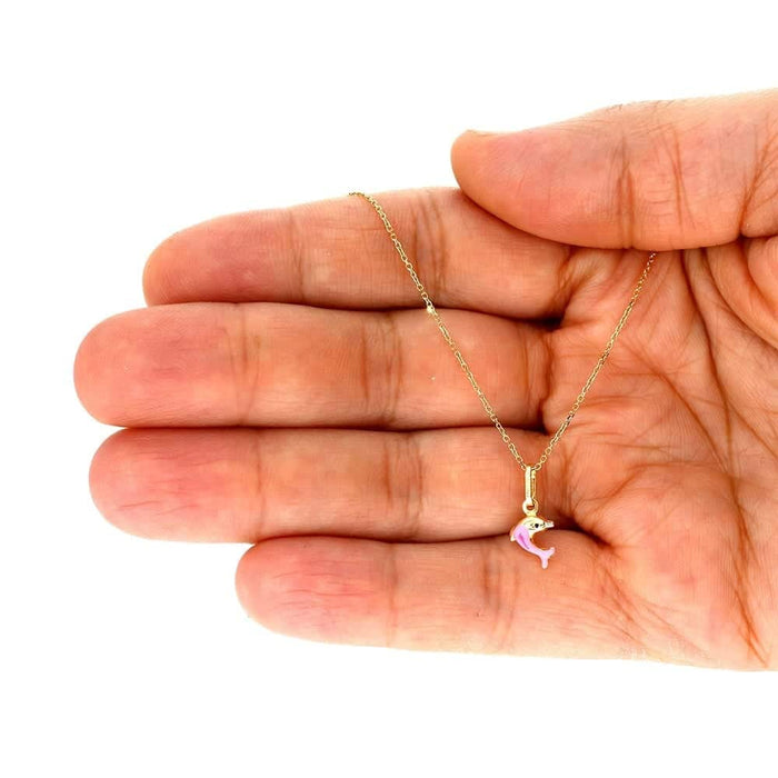 14k Yellow Gold Pink Enamel Dolphin Pendant With Cable Chain 16-18"