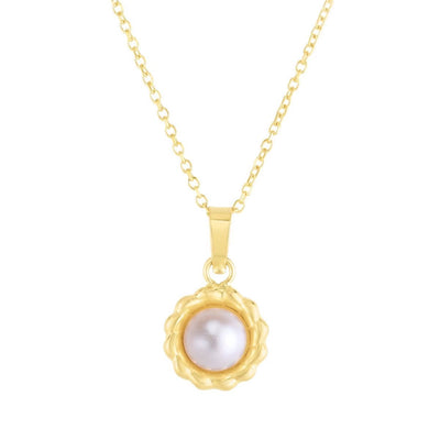 14K Yellow Gold .8mm Cable Chain 16-18" Flower Bezel Pearl Pendant 0.6"