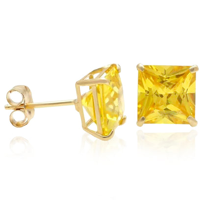 14K Yellow Gold 2Ct Princess November Birthstone Created Citrine Stud Earrings