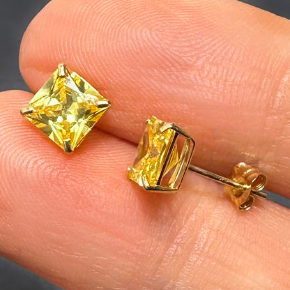 14K Yellow Gold 2Ct Princess November Birthstone Created Citrine Stud Earrings