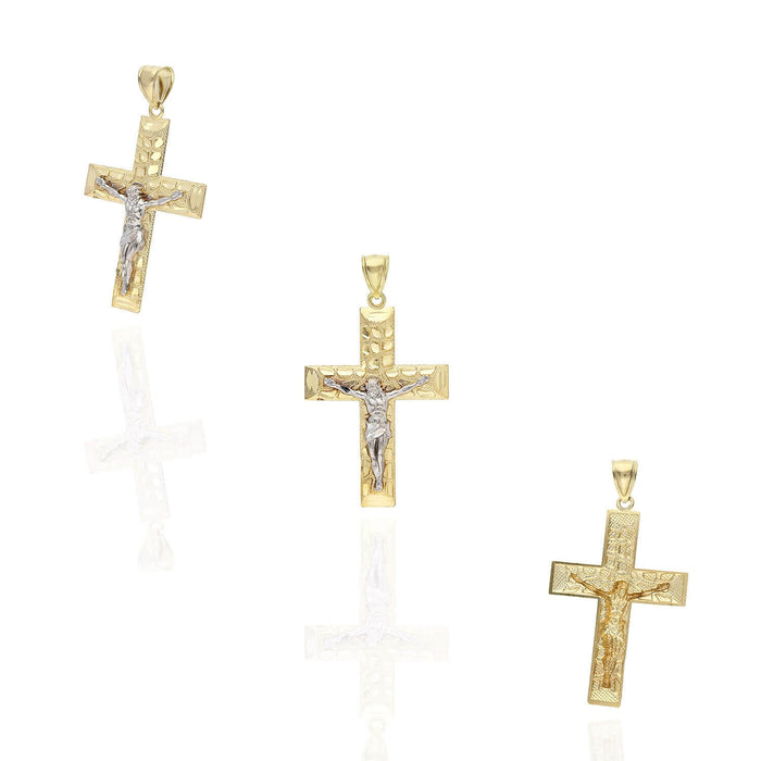 10K Yellow White Two Tone Gold Religious Jesus Crucifix Nugget Cross Pendant