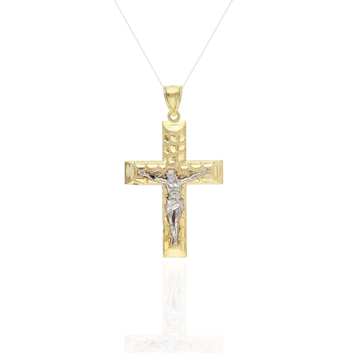 10K Yellow White Two Tone Gold Religious Jesus Crucifix Nugget Cross Pendant