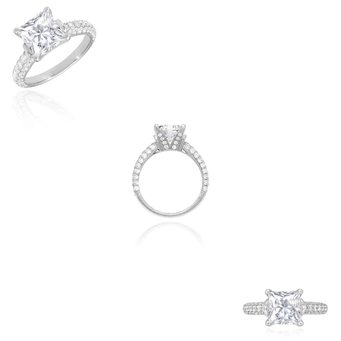 3.10CTW Pave Natural Diamond Princess Moissanite 18K Gold White Engagement Ring
