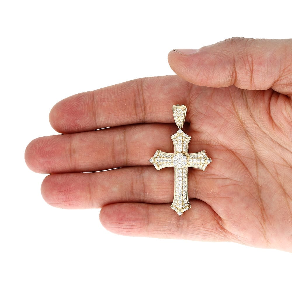 14k Solid Yellow Gold CZ Religious Cross Pendant 2.4", 2"