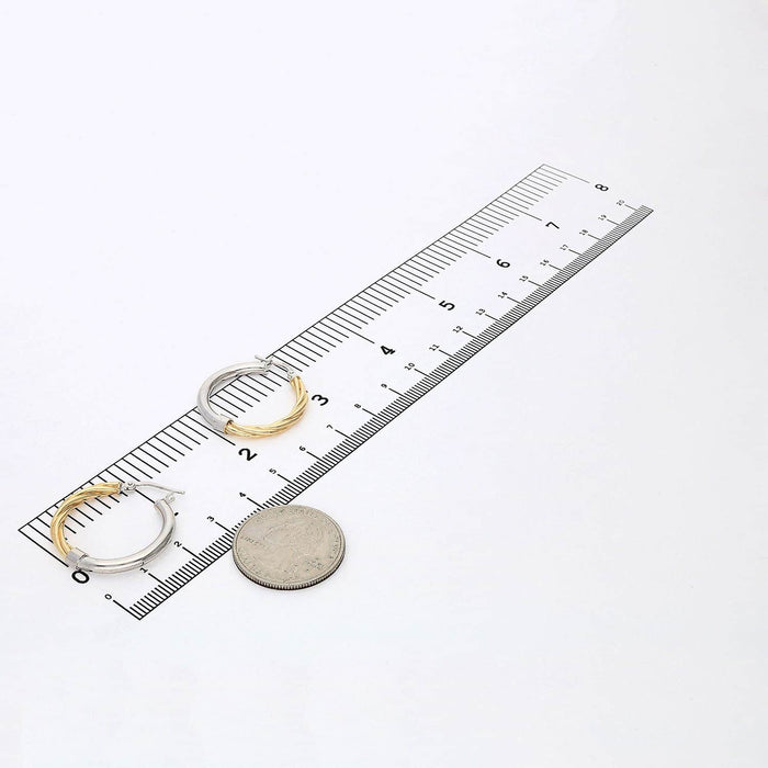 Yellow White Gold Over 925 Silver 3mm Half Shiny Half Twisted Hoop Earrings