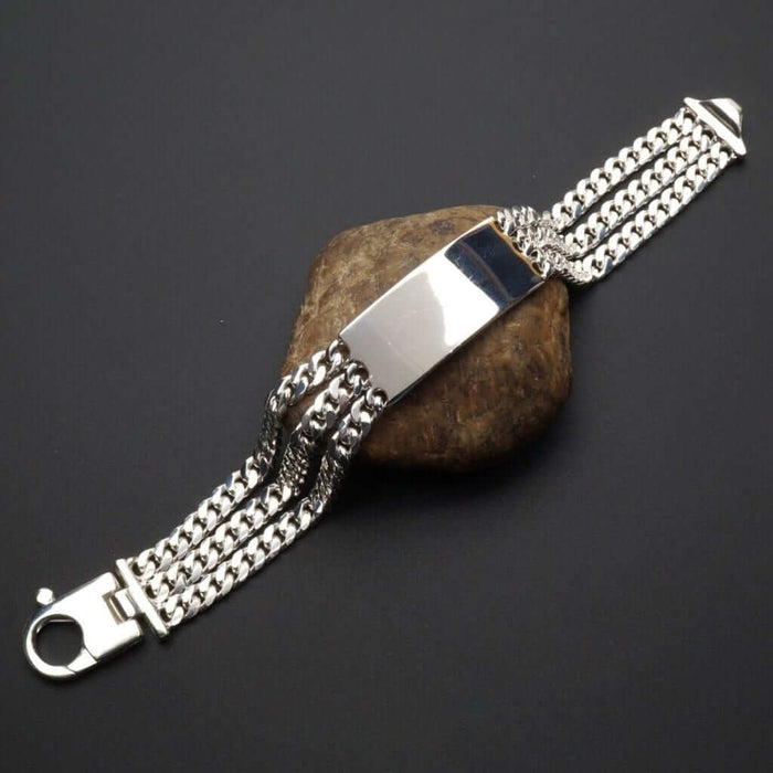 Sterling Silver 13mm Triple Cuban Bar Bracelet (Solid Links) 9"