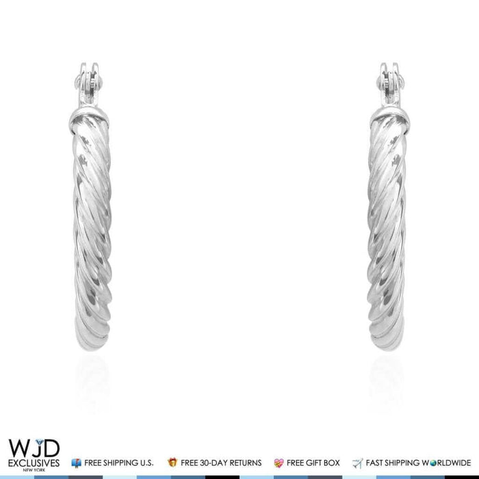 Solid White Gold 2mm Thick Snap Closure Twisted Rope Style Hoop Earrings 14K