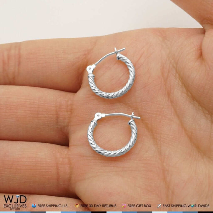 Solid White Gold 2mm Thick Snap Closure Twisted Rope Style Hoop Earrings 14K
