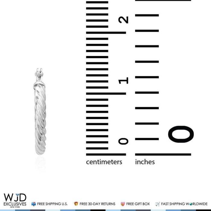 Solid White Gold 2mm Thick Snap Closure Twisted Rope Style Hoop Earrings 14K