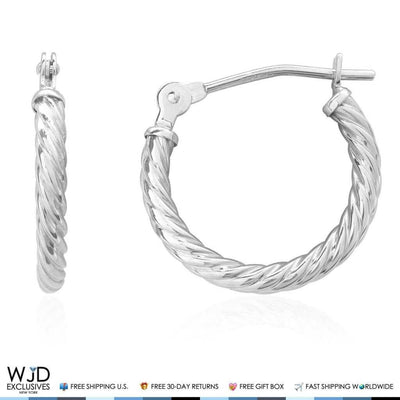 Solid White Gold 2mm Thick Snap Closure Twisted Rope Style Hoop Earrings 14K