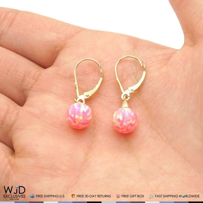14K Yellow Gold 6mm-10mm Ball Peach Pink Fire Opal Leverback Dangle Earrings