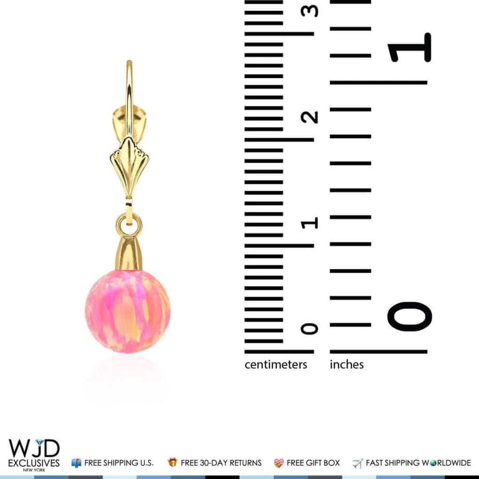 14K Yellow Gold 6mm-10mm Ball Peach Pink Fire Opal Leverback Dangle Earrings