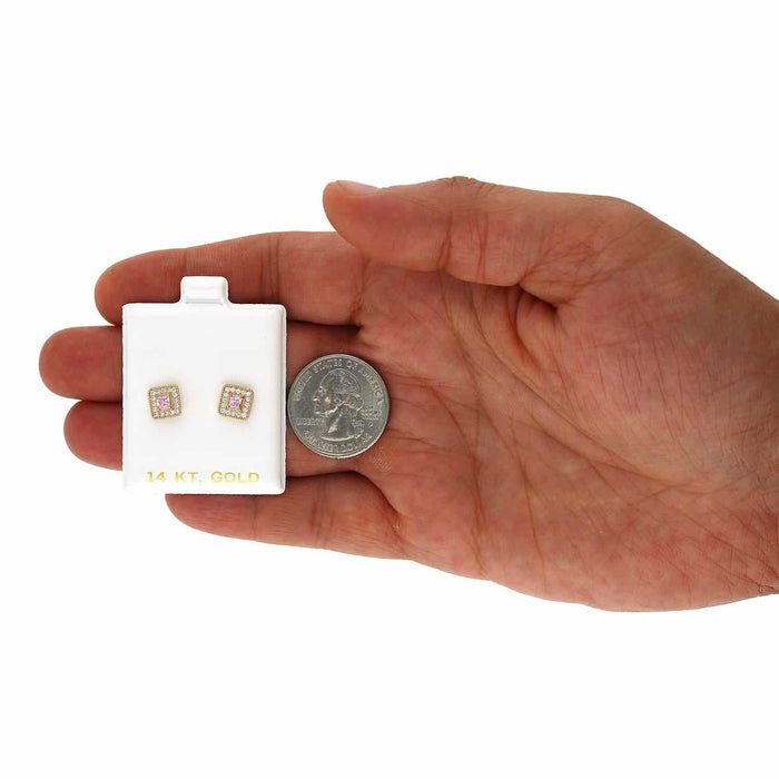 14K Yellow Gold Square Color Gemstone Screw Back Halo Stud Earrings