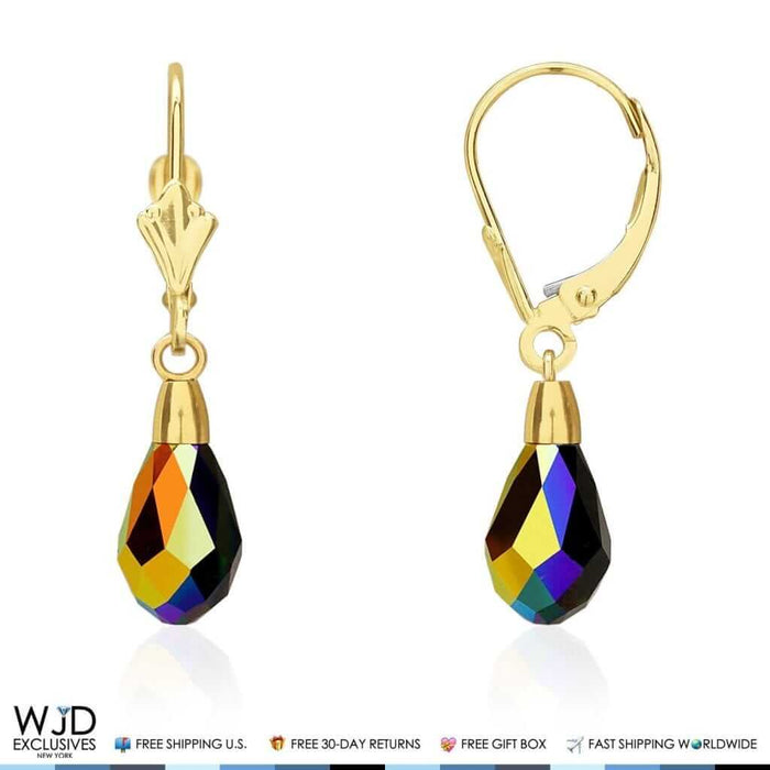 14K Yellow Gold Teardrop Gemstone Leverback Earrings