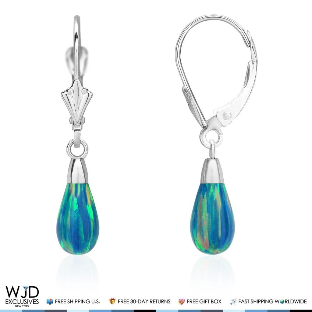 14k White Gold Fire Opal Teardrop  Leverback Earrings 1.1"
