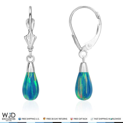 14k White Gold Fire Opal Teardrop  Leverback Earrings 1.1"