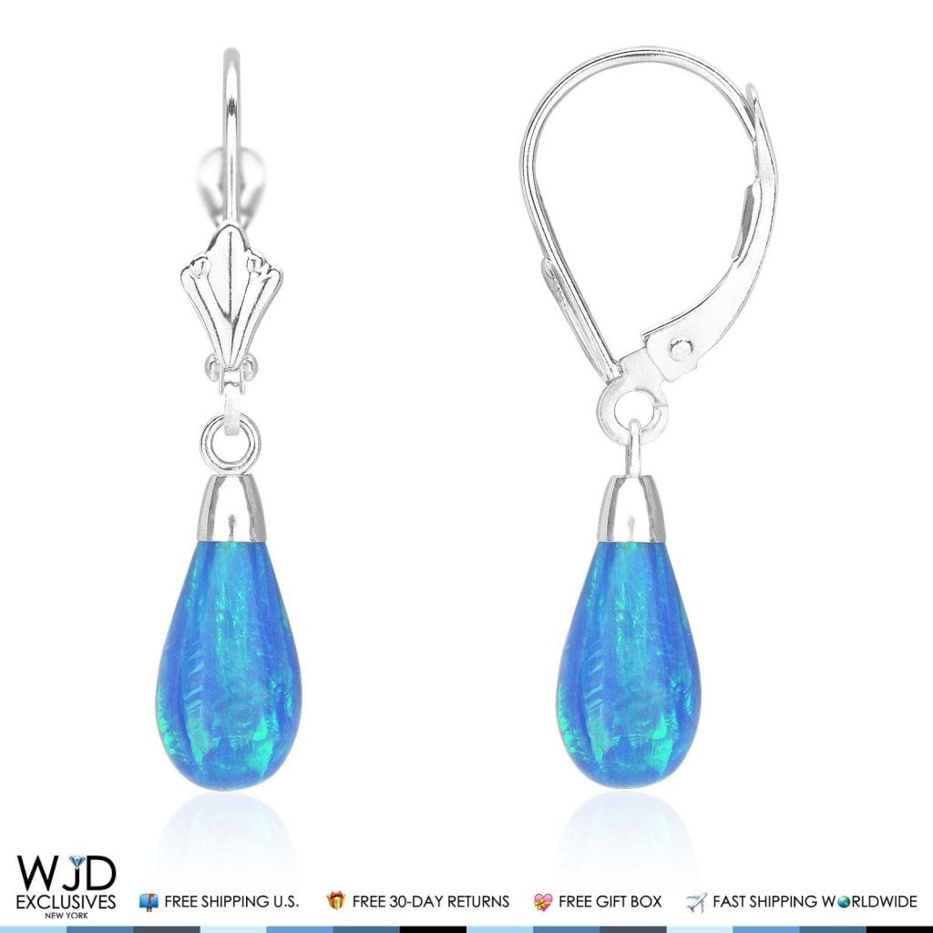 14k White Gold Fire Opal Teardrop  Leverback Earrings 1.1"