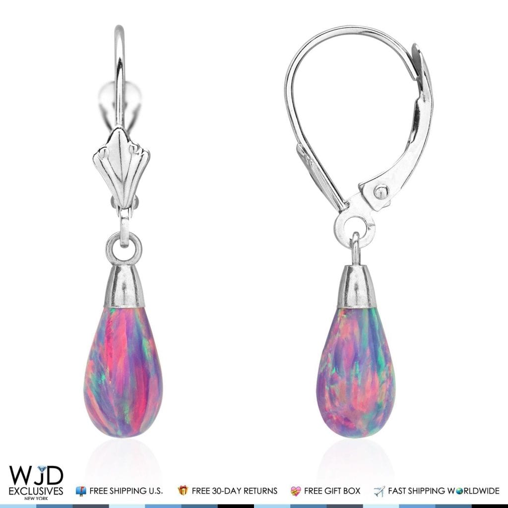 14k White Gold Fire Opal Teardrop  Leverback Earrings 1.1"