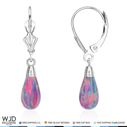 14k White Gold Fire Opal Teardrop  Leverback Earrings 1.1"