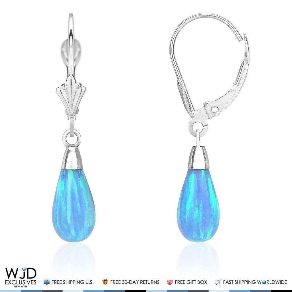 14k White Gold Fire Opal Teardrop  Leverback Earrings 1.1"
