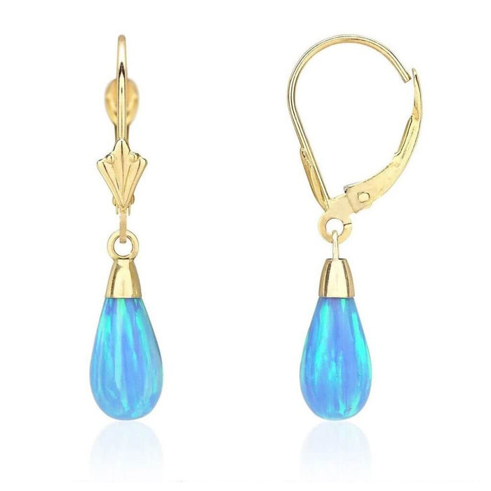 14k Yellow Gold Fire Opal Teardrop Leverback Earrings 1.1"