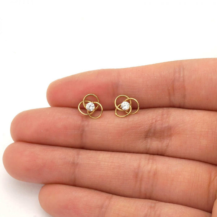 14K Yellow Gold White Triple Ring CZ Screw Back Stud Earrings