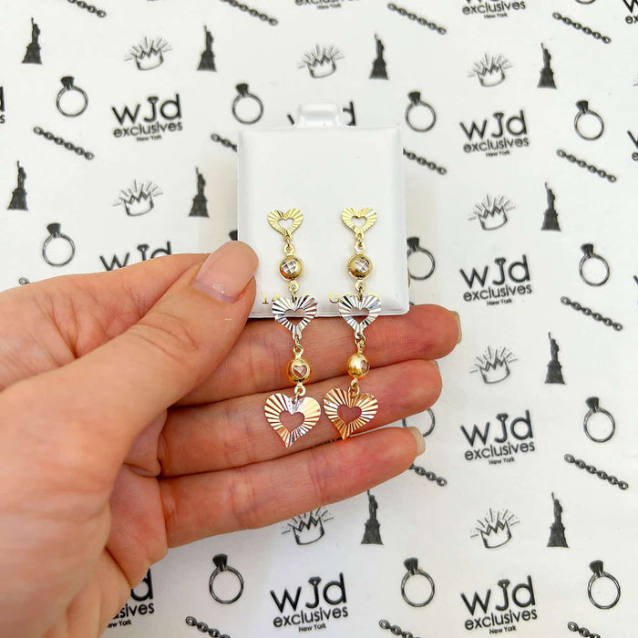 14K Gold Tri-Color Double Heart CZ Drop Earrings 35mm