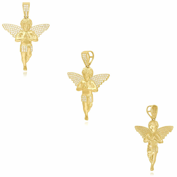 10K Yellow Gold CZ Pave Praying Angel Pendant 2.2"