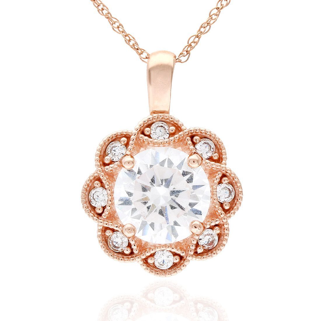 1.75CT CZ 14K Gold Milgrain Flower Halo Pendant Necklace 18"