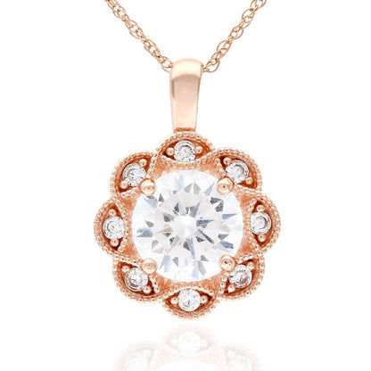 1.75CT CZ 14K Gold Milgrain Flower Halo Pendant Necklace 18"