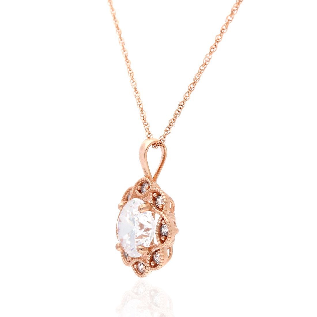 1.75CT CZ 14K Gold Milgrain Flower Halo Pendant Necklace 18"