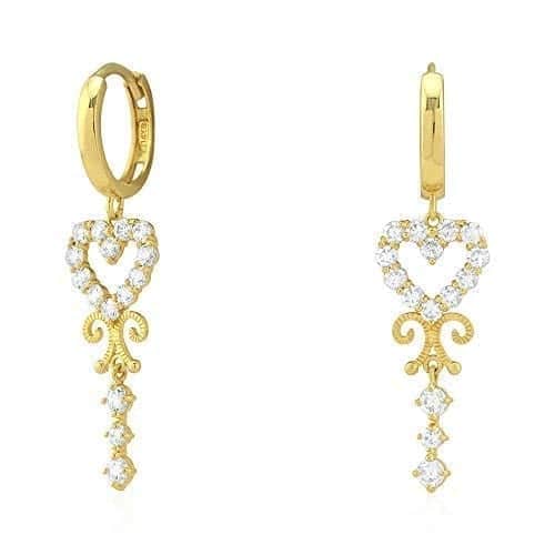 14k Yellow Gold CZ Heart Filigree Huggie Hoop Earrings