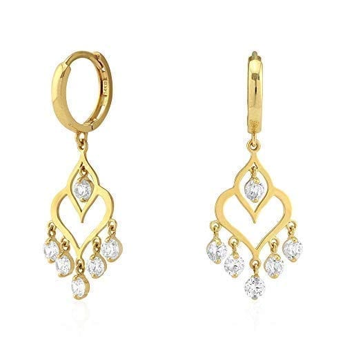 14k Yellow & White Gold CZ Chandelier  Huggie Hoop Earrings